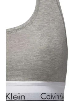 Brassière grise unie avec des surpiqûres ton sur ton et nom de la marque
