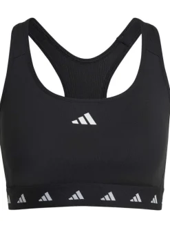 Brassière noire à col rond avec dos nageur et logo blanc floqué autour de la taille élastiquée