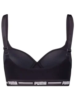 Brassière noire en coton mélangé unie avec taille élastiquée et nom de la marque