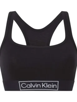 Brassière noire unie avec nom de la marque sur la bande élastiquée
