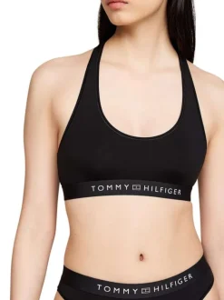 Brassière noire unie avec taille élastiquée et nom de la marque
