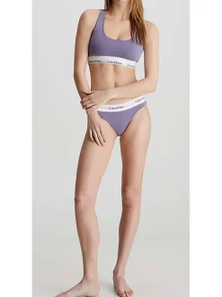 Brassière violette unie avec nom de la marque brodé sur la bande blanche