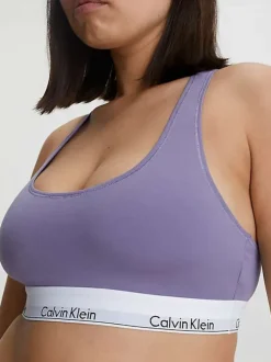 Brassière violette unie avec nom de la marque brodé sur la bande blanche
