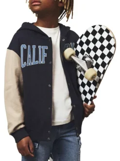 Cardigan boutonné en coton bicolore avec une coupe droite et un col à capuche