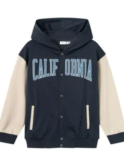 Cardigan boutonné en coton bicolore avec une coupe droite et un col à capuche
