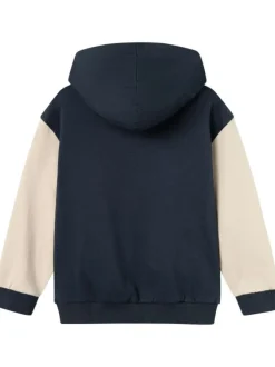 Cardigan boutonné en coton bicolore avec une coupe droite et un col à capuche