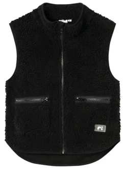 Cardigan sans manches noir en peluche zippé avec une coupe droite