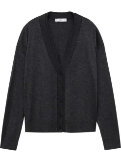 Cardigan anthracite en maille fine avec une coupe droite et un col v profond