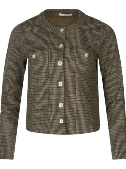 Cardigan beige à petits carreaux doux avec une coupe courte et un col rond