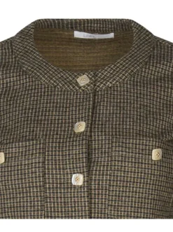 Cardigan beige à petits carreaux doux avec une coupe courte et un col rond