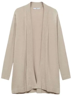 Cardigan beige uni avec coupe droite col v et à manches longues