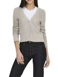 Cardigan beige uni en crochet ajouré avec une coupe droite et un col v