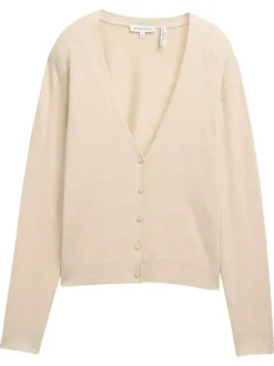Cardigan beige uni léger avec un col v et des boutons à l'avant