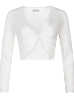 Cardigan blanc en maille côtelé à coupe cropped et à manches longues