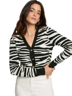 Cardigan blanc zébré à coupe ajustée avec un col v et des boutons or