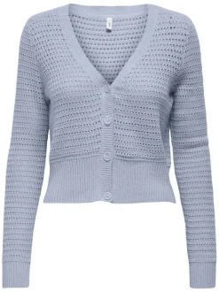 Cardigan bleu ciel uni en crochet ajouré avec une coupe droite et un col v