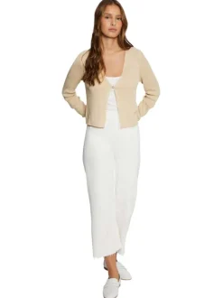Cardigan boutonnée or côtelé à coupe droite col v et à manches longues