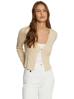 Cardigan boutonnée or côtelé à coupe droite col v et à manches longues