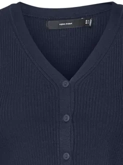 Cardigan boutonné marine côtelé à coupe droite col v et à manches longues