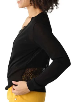 Cardigan boutonné noir uni en dentelle avec une coupe droite et un col v