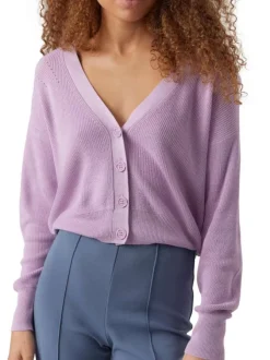 Cardigan boutonné parme en maille jersey avec une coupe droite et un col v