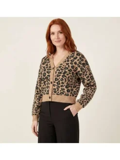 Cardigan camel léopard avec une coupe ajustée à col v et des manches longues