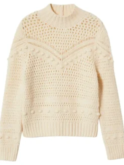 Cardigan Canica beige en maille ajourée avec une coupe droite et col montant