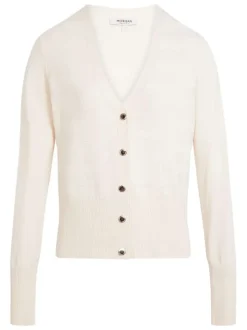 Cardigan écru rayé en maille fermé par des boutons et à col v