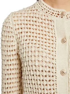 Cardigan en coton beige clair en dentelle crochet à coupe droite et col rond