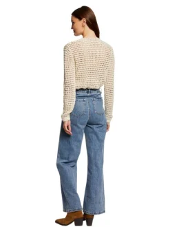 Cardigan en coton beige clair en dentelle crochet à coupe droite et col rond