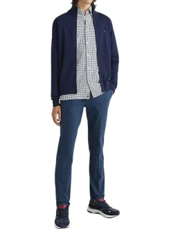 Cardigan en coton et laine marine uni avec un col montant et logo brodé