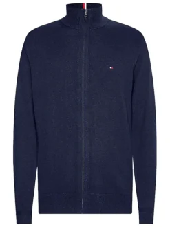 Cardigan en coton et laine marine uni avec un col montant et logo brodé