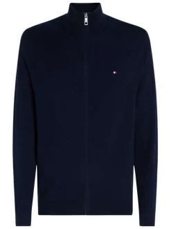 Cardigan en coton et laine marine uni avec un col montant et logo brodé