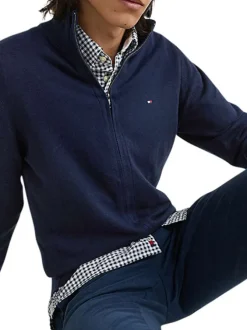 Cardigan en coton et laine marine uni avec un col montant et logo brodé