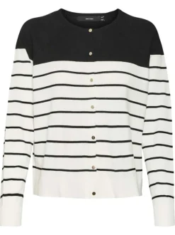 Cardigan en coton mélangé écru à rayures noires avec une coupe droite et boutons