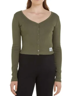 Cardigan en coton mélangé kaki avec un col v et une coupe près du corps