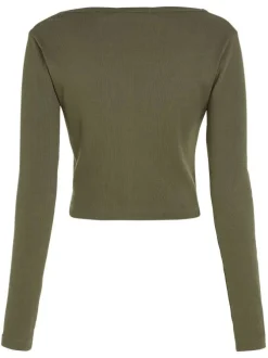 Cardigan en coton mélangé kaki avec un col v et une coupe près du corps