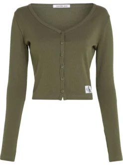 Cardigan en coton mélangé kaki avec un col v et une coupe près du corps