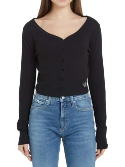 Cardigan en coton mélangé noir avec une coupe près du corps et un col v
