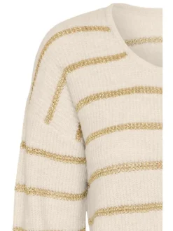 Cardigan en laine mélangée écru rayé avec une coupe droite et un col rond