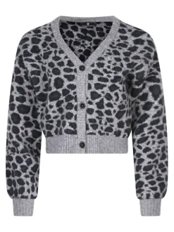 Cardigan gris léopard avec une coupe ajustée à col v et des boutons