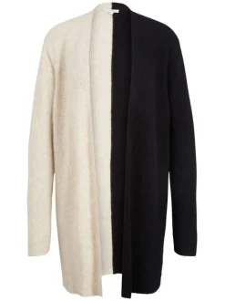 Cardigan long en coton et laine beige bicolore avec une coupe droite et col v