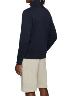 Cardigan marine uni en coton avec un col montant et une fermeture zippée