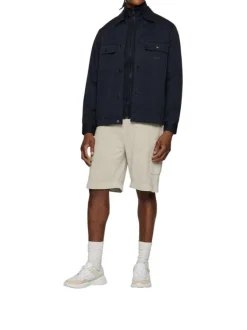 Cardigan marine uni en coton avec un col montant et une fermeture zippée