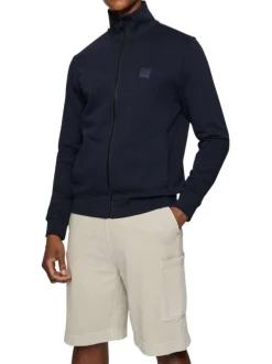 Cardigan marine uni en coton avec un col montant et une fermeture zippée