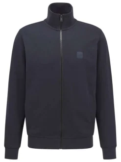 Cardigan marine uni en coton avec un col montant et une fermeture zippée