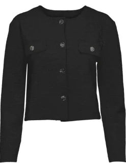 Cardigan noir uni texturé à coupe courte avec des poches à rabat à la poitrine