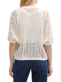 Cardigan ouvert en coton écru uni en crochet ajouré et à manches courtes