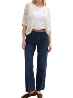 Cardigan ouvert en coton écru uni en crochet ajouré et à manches courtes