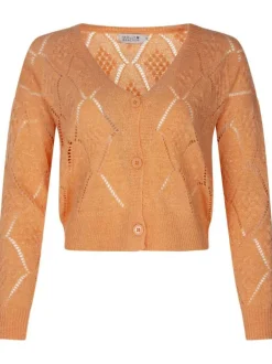 Cardigan pêche en maille ajourée à coupe droite col v et à manches longues